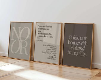 Islamic Wall Art Set of 3, Noor Grey Printable Trio, Quran 2:152, Neutral Taupe Muslim Home Decor, Islamic Digital Download