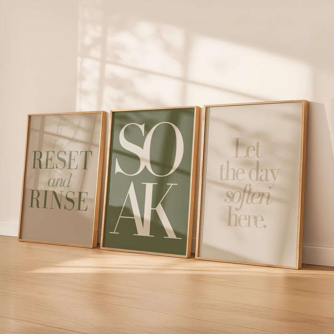 Sage Green Bathroom Wall Art Set of 3 Prints, Reset and Rinse Bathroom ...