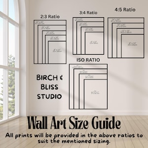May include: Wall art size guide with various aspect ratios, including 2:3, 3:4, 4:5, and ISO. Each ratio displays multiple frame sizes in inches and centimeters. The text "BIRCH & BLISS STUDIO" is also visible.