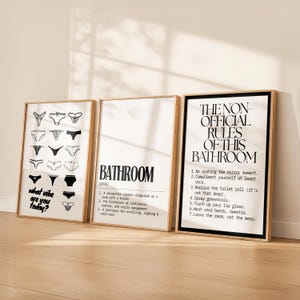 May include: Three framed art prints with wooden frames. The prints feature text and illustrations. One print asks "what vibe are you today?" with underwear illustrations. Another says "Bathroom" with a definition. The third print lists "The Non-Official Rules of This Bathroom."