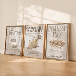 Könnte beinhalten: Drei gerahmte Poster im Vintage-Stil. Die Poster werben für frische Produkte: Erdbeeren, einen Bauernmarkt und frische Eier vom Bauernhof. Das Erdbeer-Poster sagt "Pick Your Own". Das Eier-Poster sagt "Grade A".