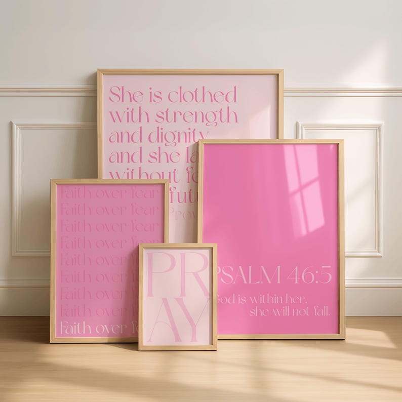 Pink Christian Wall Art Set of 6 | Bible Verse Prints | Faith Over Fear ...