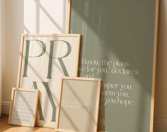 Conjunto de 4 artes de parede cristãs em verde-sálvia neutro | Impressões de versículos bíblicos | Fé sobre o medo | Impressão de escrituras de oração | Decoração religiosa verde para casa
