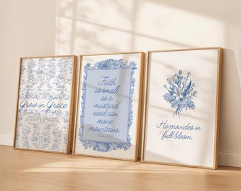 Faith In Bloom Scripture Wall Art Set of 3 | Christian Bible Verse Prints | Blue Toile Floral Christian Decor | Printable Wall Art Digital