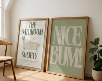 Salbeigrünes Badezimmer Wand Kunst Set, Badezimmer Gesellschaft Druck, Nettes Bum Poster, Neutrales Badezimmer Dekor, Lustiges Badezimmer Duo, Digitaler Download