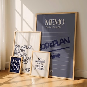 Juego de cuatro piezas de arte mural cristiano "El plan de Dios" / Impresiones de fe en azul marino y crema / Ella camina con fe / Ella oró, Dios proveyó / Amén - Descarga digital