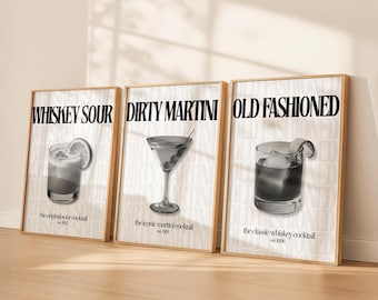 Black & White Cocktail Prints Set of 3 | Old Fashioned, Dirty Martini, Whiskey Sour | Vintage Bar Cart Decor | Kitchen Wall Art