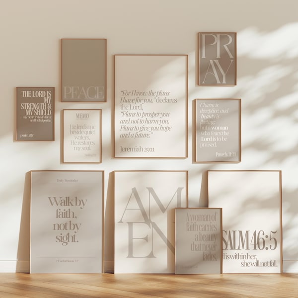 Christliche Wandkunst Neutral | Glaube Zitate Set | Greige Bibel Vers Drucke für Frauen | Moderne Minimal Home Decor | Digitaler Download
