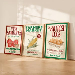 Könnte beinhalten: Drei gerahmte Poster im Vintage-Stil. Die Poster werben für frische Produkte: Erdbeeren, Eier und einen Bauernmarkt. Das Erdbeerposter zeigt reife Beeren, das Eierposter zeigt einen Eierkarton.