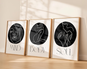 Mind Body Soul Line Art Print Set: Minimalist Black and White (Digital Download)