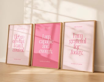 Pink Daily Affirmation Wall Art Set of 3 | Positive Quote Prints | Self Love Motivation Posters | Feminine Minimalist Home Decor