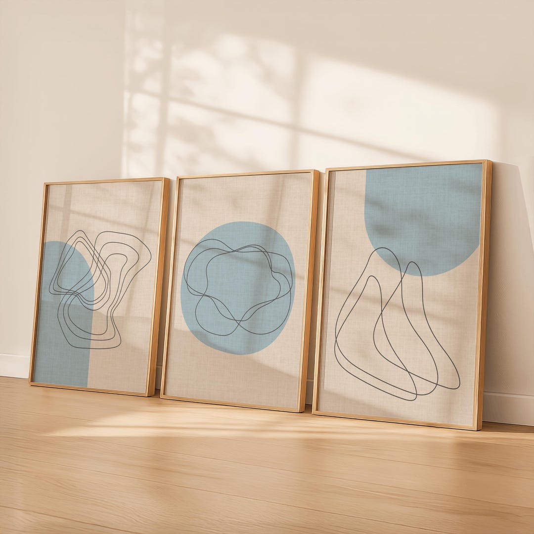 Nordic Abstract Wall Art Set of 3 | Minimalist Blue Line Art Prints ...