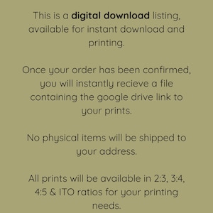 May include: Text on a tan background states this is a digital download listing available for instant download and printing. It explains how to receive the file with the Google Drive link and that no physical items will be shipped.
