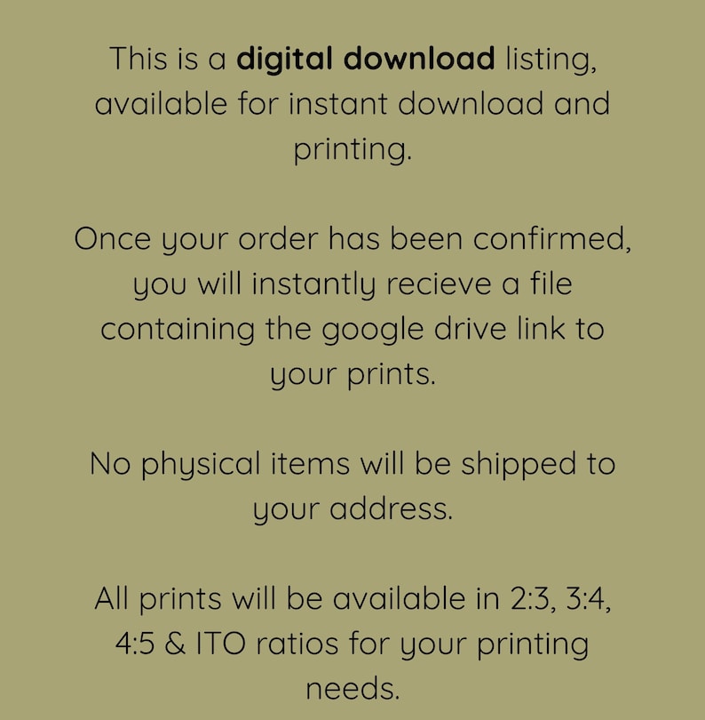 May include: Text on a tan background states this is a digital download listing available for instant download and printing. It explains how to receive the file with the Google Drive link and that no physical items will be shipped.