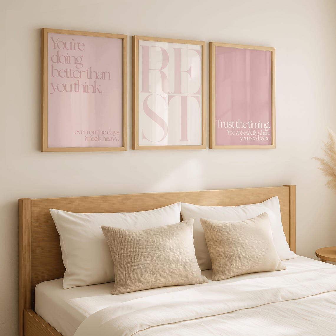 Blush Bedroom Wall Art Set of 3, Pink Rest Quote Prints, Calm Feminine ...