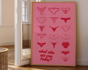 Op de afbeelding: Een ingelijste roze poster met rode lijntekeningen van verschillende ondergoedstijlen. De tekst "what vibe are you today?" is in rood schrift onder de illustraties gedrukt. De poster wordt tentoongesteld in een kamer met een houten vloer.