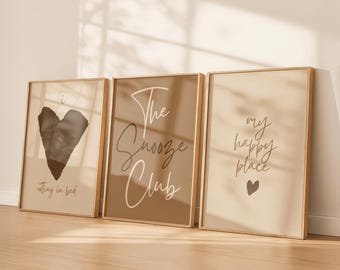 Mocha Bedroom Wall Art Set of 3 | Neutral Cozy Wall Decor | Snooze Club Prints | Brown Beige Wall Art | Digital Download