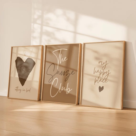 Mocha Bedroom Wall Art Set of 3 | Neutral Cozy Wall Decor | Snooze Club Prints | Brown Beige Wall Art | Digital Download