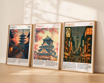 Japan Travel Wall Art Set of 3 – Tokyo Osaka Kyoto Prints | Japanese Retro Travel Posters | Neutral Aesthetic Wall Art | Digital Download