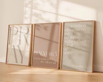 Neutrales christliches Wandkunst-Set 3 Drucke | Bibel Vers druckbares Bündel | Minimalistische Schrift Poster | Modernes religiöses Dekor für Mädchen