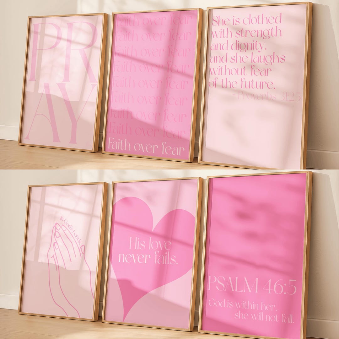 Pink Christian Wall Art Set of 6 | Bible Verse Prints | Faith Over Fear ...