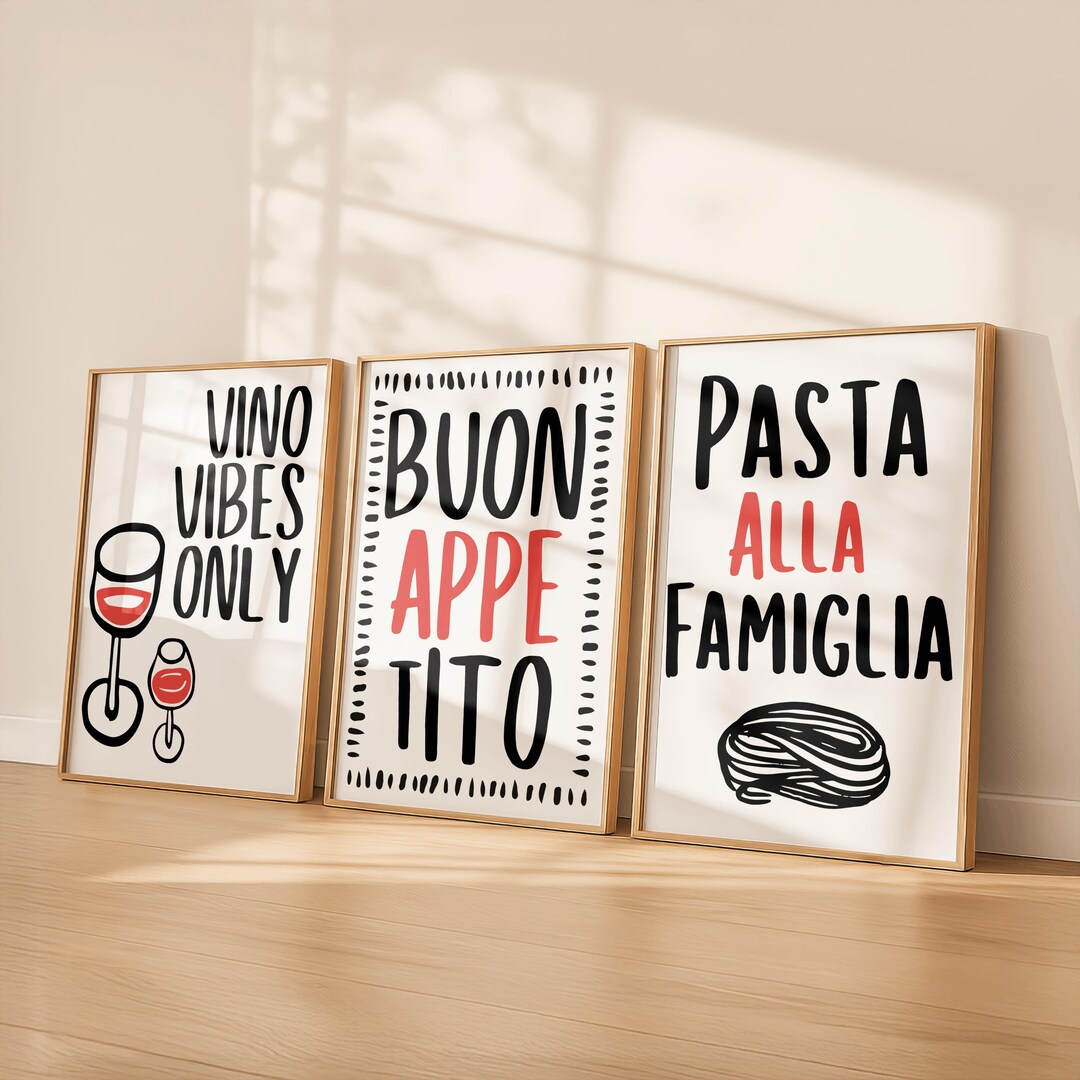 italian kitchen wall decor | kitchen wall art set of... Retro Italian Kitchen Wall Art Set, Buon Appetito Print, Pasta Alla ...