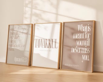 Tawakkul Islamic Wall Art Set of 3 | Quran 65:3 Quote | Neutral Muslim Home Decor | Islamic Printable Wall Art | Trust in Allah Print