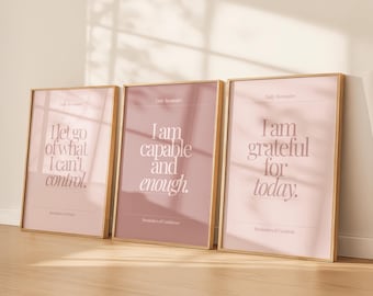 Blush Pink Affirmation Wall Art Set of 3 | Daily Reminder Prints | Minimal Quote Poster | Self Love Bedroom Decor | Printable Wall Art