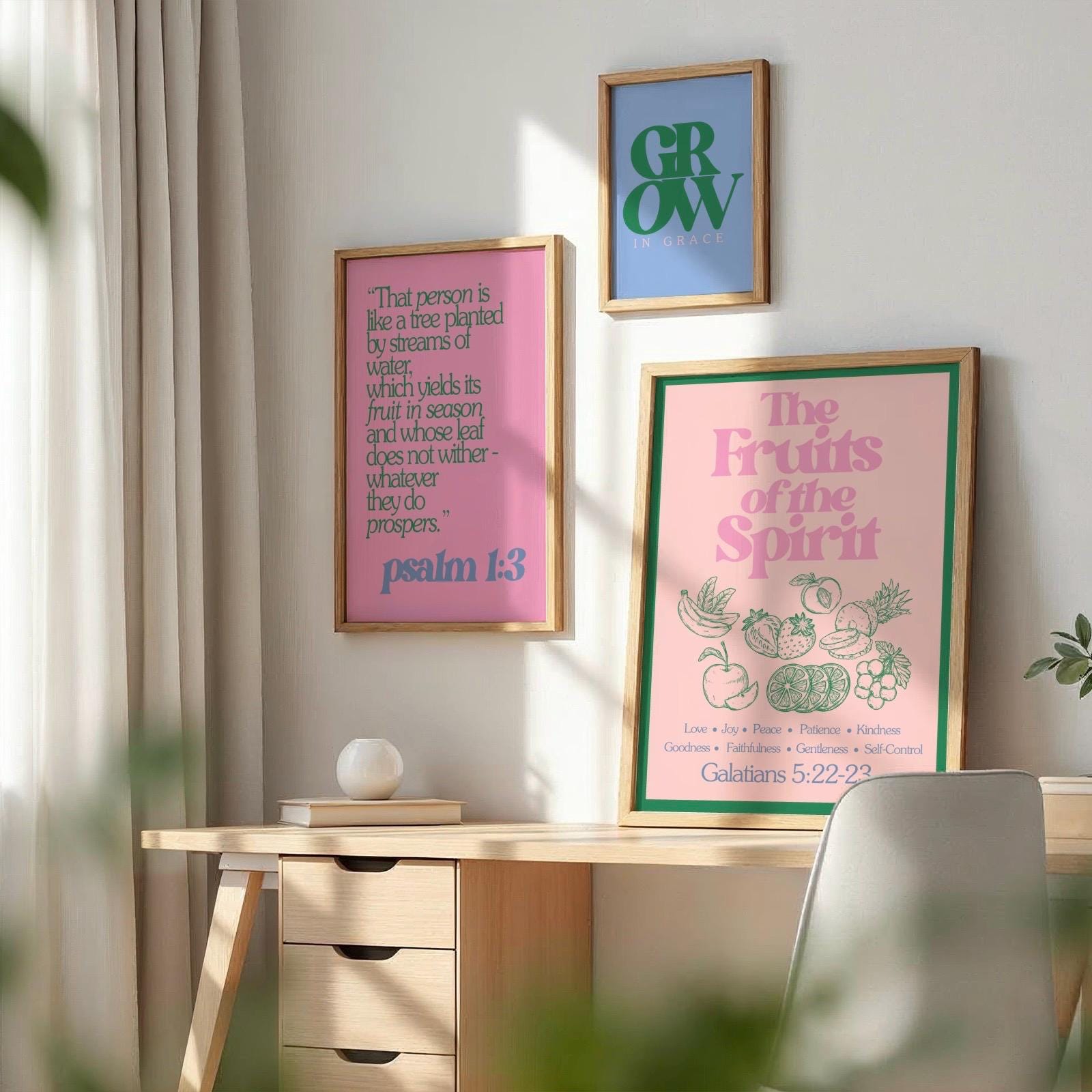 Fruits of the Spirit Wall Art Set of 3, Retro Christian Prints, Grow in ...