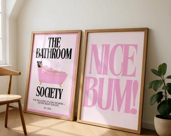 Pink Bathroom Wall Art Set, The Bathroom Society Print, Nice Bum Poster, Funny Bathroom Decor, Aesthetic Pink Duo, Digital Download Art