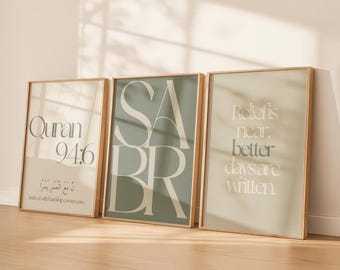 Islamic Wall Art Set of 3, Sabr Print, Quran 94:6, Modern Muslim Home Decor, Arabic Calligraphy Art, Sage Green Neutral Digital Download