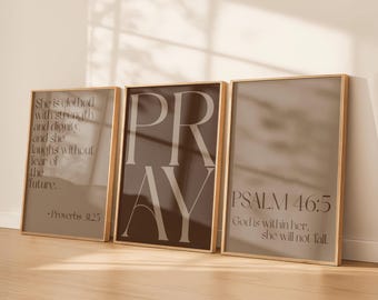 Conjunto de 3 pôsteres cristãos marrons para parede | Pacote de pôsteres com versículos bíblicos para imprimir | Pôsteres minimalistas com escrituras | Decoração religiosa moderna para meninas