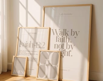 Faith Bible Verse Wall Art Set of 4 | Neutral Christian Prints | Isaiah 43:2, Walk by Faith, Amen, God is Good | Beige Minimal Decor