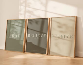 Conjunto de Arte de Parede Verde Sálvia "Reze, Creia, Receba" | Conjunto Cristão para Imprimir | Decoração de Fé Minimalista | Impressões com Citações Bíblicas | Trio Bíblico Neutro