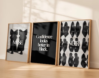 Black Fashion Wall Art Set of 3 | Noir Muse Aesthetic Prints | High Fashion Typography Poster | Modern Dressing Room Decor | Vogue Style Art