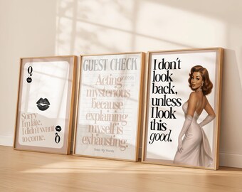 Juego de 3 cuadros de pared con glamour neutro, impresiones de "Unbothered Queen", decoración de dormitorio neutra para ella, pósteres de estética femenina, citas inspiradoras