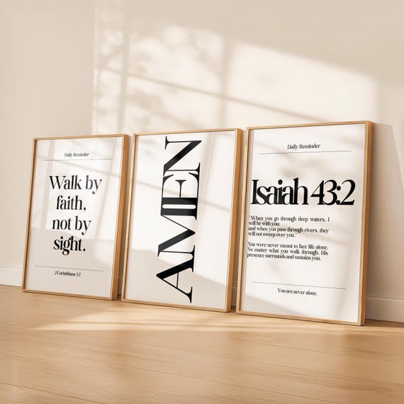 Daily Reminder Scripture Wall Art Set | Christian Bible Verse Prints | Walk By Faith | Amen | Isaiah 43:2 | Minimalist Neutral Decor Digital