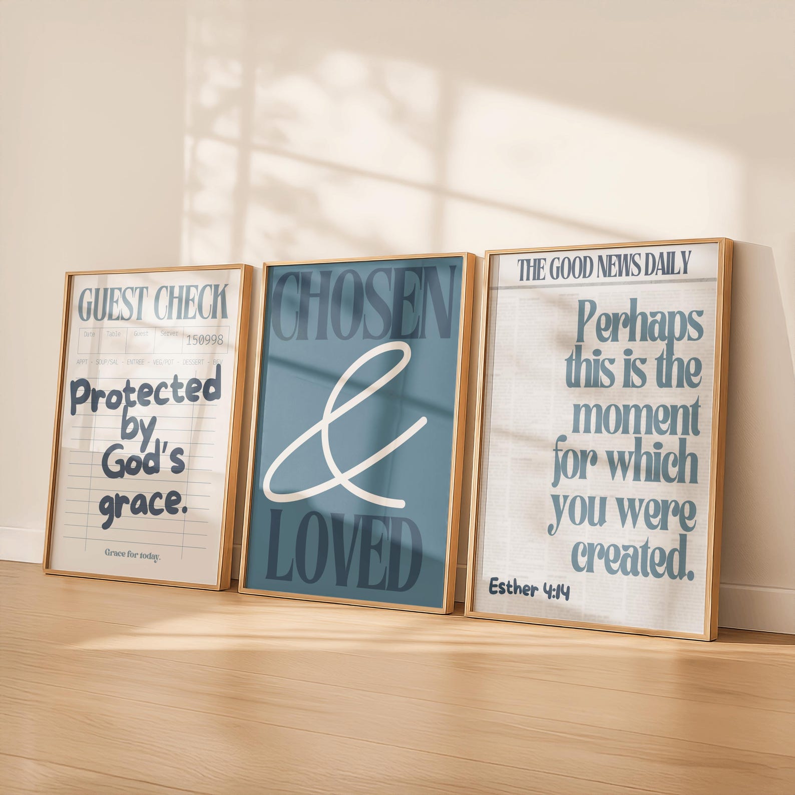 Blue Christian Wall Art Set of 3 | Bible Verse Prints | Chosen & Loved ...