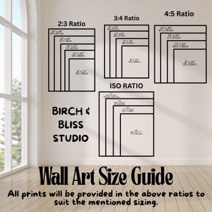 Pode incluir: Guia de tamanhos de arte de parede com v&aacute;rias propor&ccedil;&otilde;es, incluindo 2:3, 3:4, 4:5 e ISO. Cada propor&ccedil;&atilde;o exibe v&aacute;rios tamanhos de moldura em polegadas e cent&iacute;metros. O texto "BIRCH & BLISS STUDIO" e "Wall Art Size Guide" tamb&eacute;m s&atilde;o vis&iacute;veis.