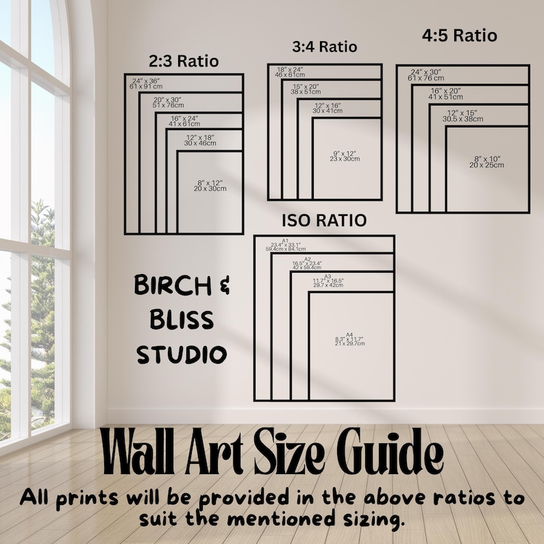 Pode incluir: Guia de tamanhos de arte de parede com v&aacute;rias propor&ccedil;&otilde;es, incluindo 2:3, 3:4, 4:5 e ISO. Cada propor&ccedil;&atilde;o exibe v&aacute;rios tamanhos de moldura em polegadas e cent&iacute;metros. O texto "BIRCH & BLISS STUDIO" e "Wall Art Size Guide" tamb&eacute;m s&atilde;o vis&iacute;veis.