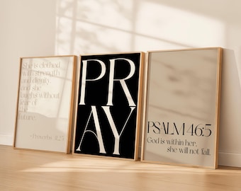 Christian Wall Art for Women | PRAY, Proverbs 31 25 + Psalm 46 5 | Neutral Feminine Scripture Set of 3 Beige, Black, Cream