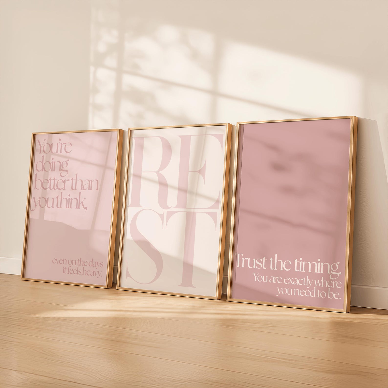 Blush Bedroom Wall Art Set of 3, Pink Rest Quote Prints, Calm Feminine ...