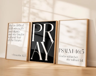 Schwarz weiße christliche Wandkunst 3er-Set | Bibel Vers druckbares Bündel | Minimalistische Schrift Poster | Modernes religiöses Dekor für Mädchen