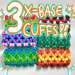 May include: A collection of colorful beaded cuffs. The image displays four different cuffs, each with a unique color scheme and pattern. The text "3 X-BASE CUFFS!!" is overlaid on the image in orange and white.