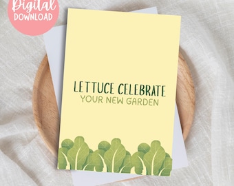 Funny Congratulations Card Printable – Garden Pun Greeting Card "Lettuce Celebrate" – Blank Inside Digital Download