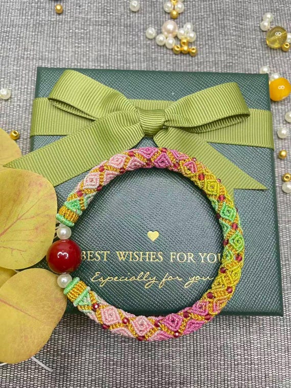 Secret Garden Vine ---- Colorful Boho Knot Bracelet with Red Agate Bead