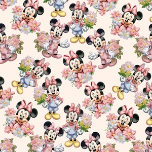 May include: A repeating pattern featuring Minnie Mouse in various poses, holding bouquets of pink and white flowers. Minnie is depicted in pink overalls, a pink dress, and blue overalls, all with her signature pink bow. The background is a light peach color.