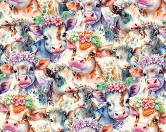 Floral Cow Fabric, Sold by Half-Yard, 100% Cotton Fabric, Watercolor Farm Animal Print Fabric