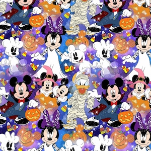 May include: A colorful Halloween-themed pattern featuring various Disney characters in costumes. Mickey Mouse, Minnie Mouse, Donald Duck, and others are dressed as vampires, mummies, and witches, surrounded by pumpkins and candy corn against a starry background.