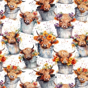 May include: A repeating watercolour pattern of Highland cows with flower crowns, emerging from metal buckets. The cows have reddish-brown fur and horns. The buckets are silver, and the flowers are colourful.